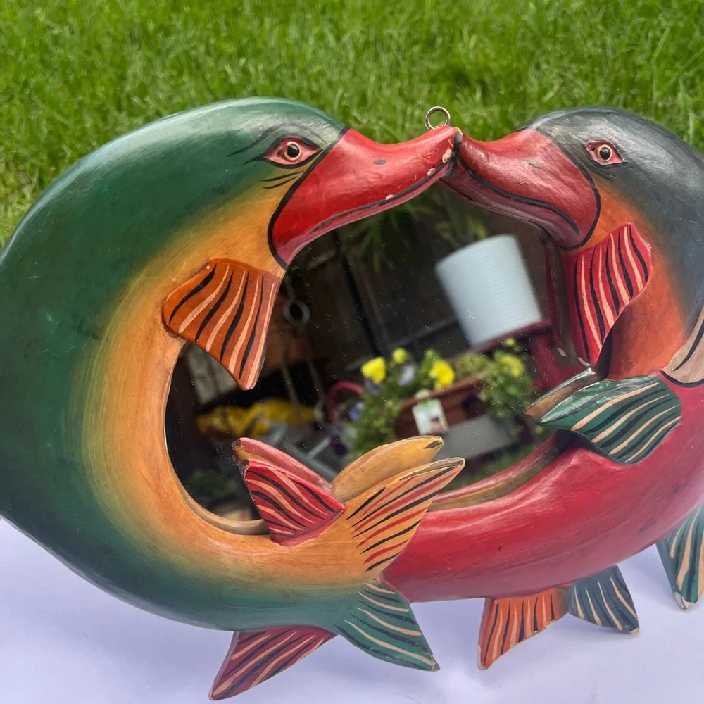 Kissing Dolphins Hanging Wall Mirror (circle of three) Hand Carved & Painted